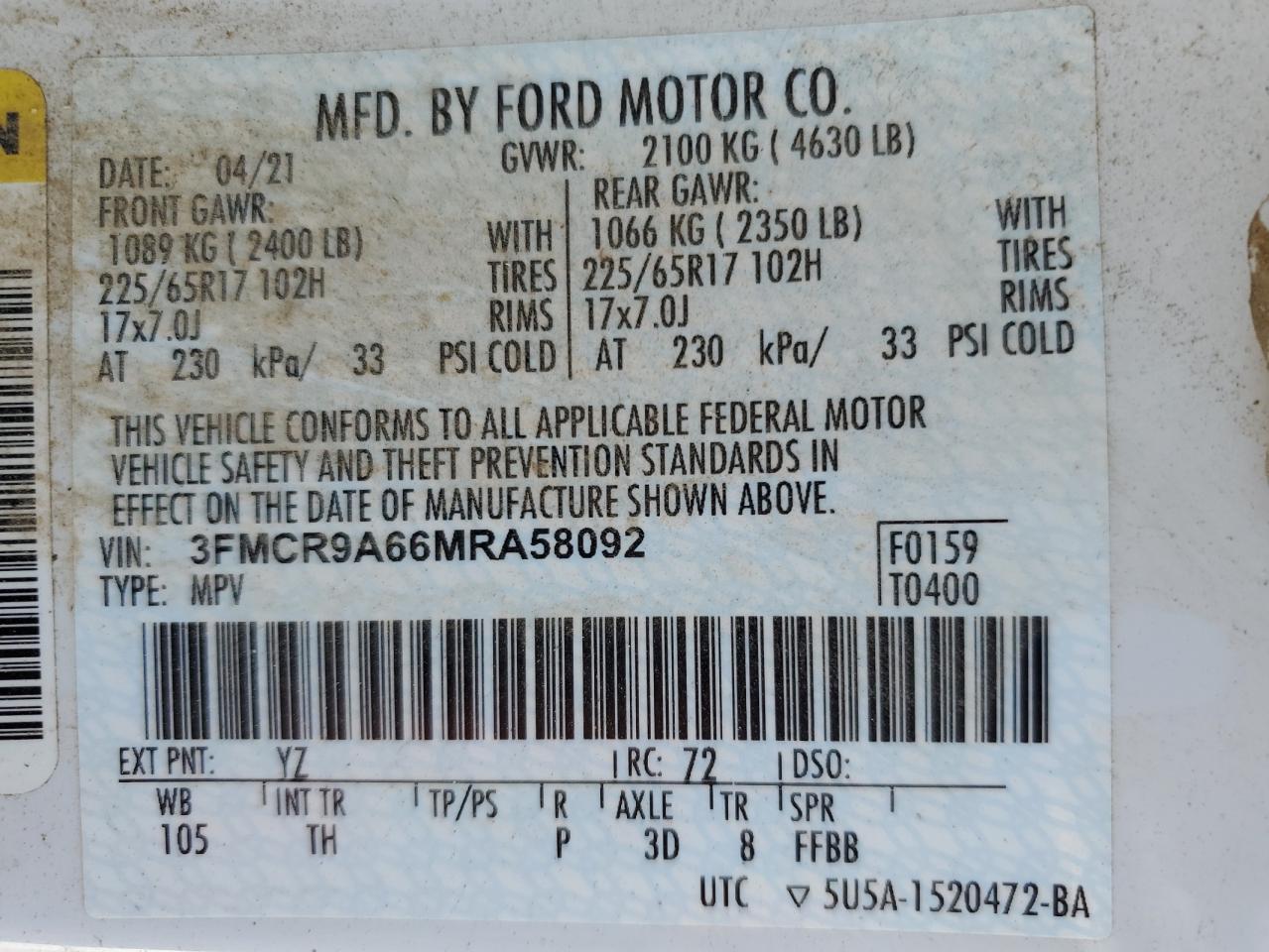 3FMCR9A66MRA58092 2021 Ford Bronco Sport