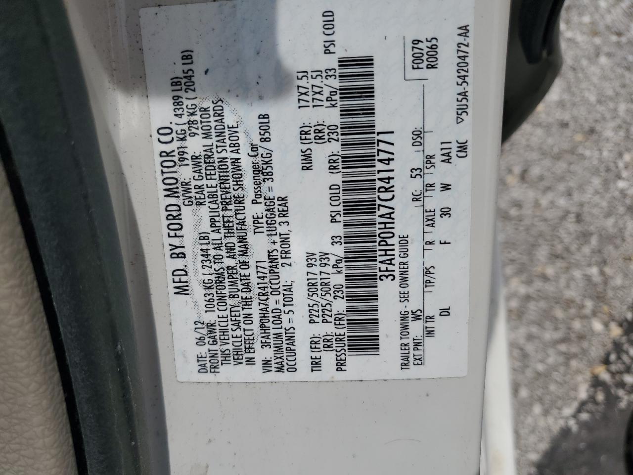 3FAHP0HA7CR414771 2012 Ford Fusion Se