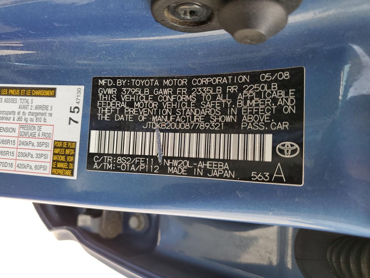 JTDKB20U087789321 2008 Toyota Prius