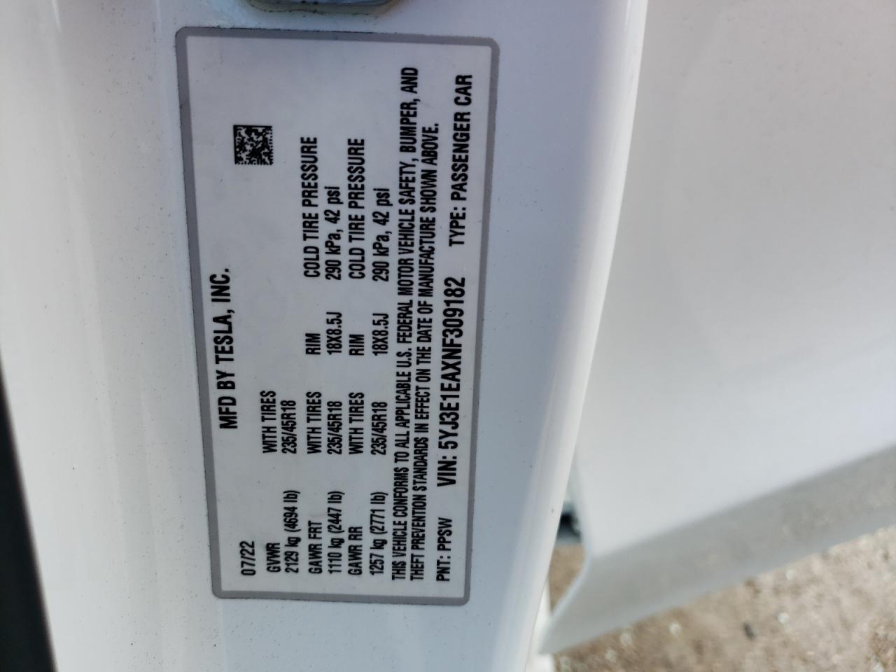 5YJ3E1EAXNF309182 2022 Tesla Model 3