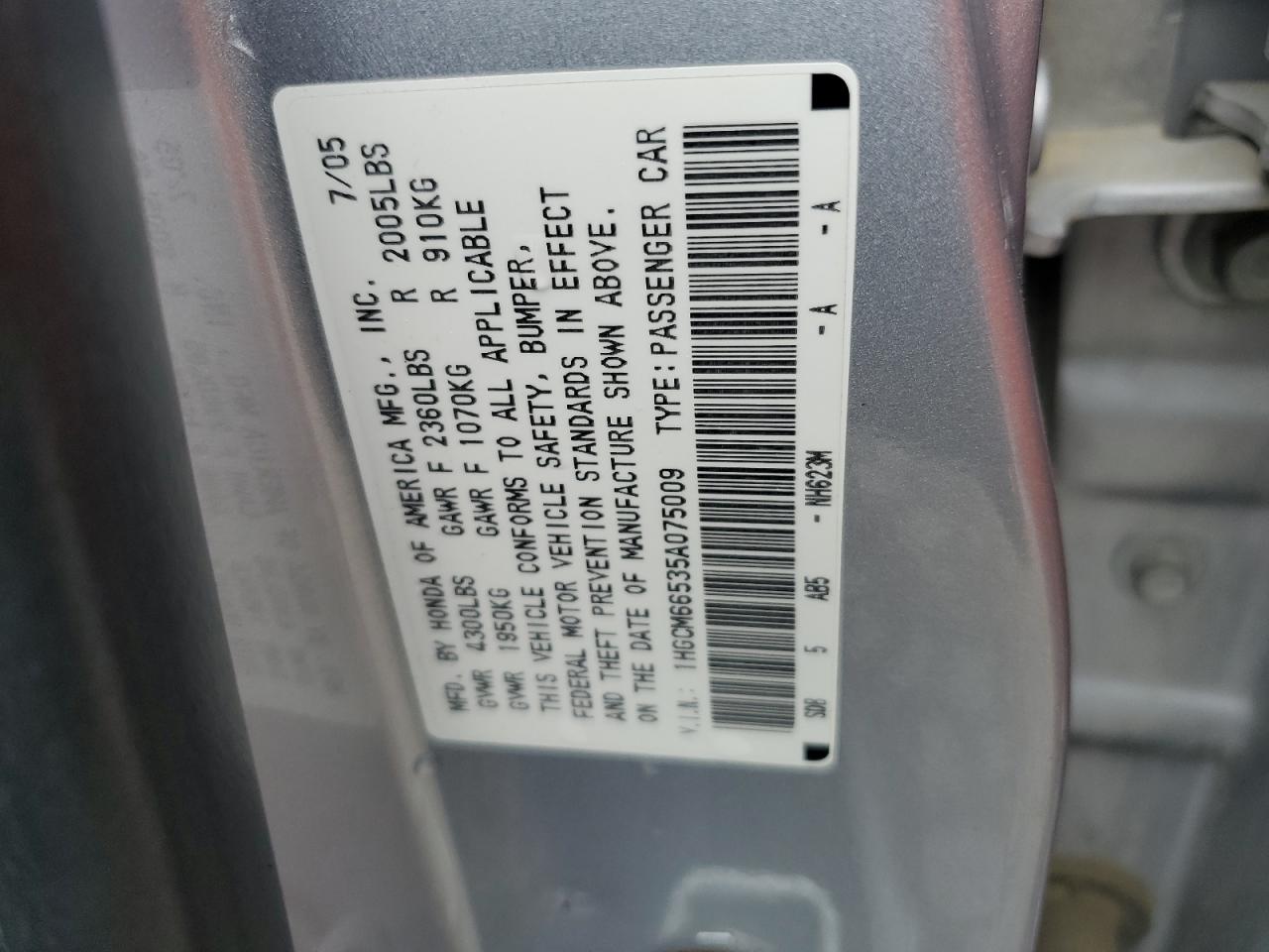 1HGCM66535A075009 2005 Honda Accord Ex