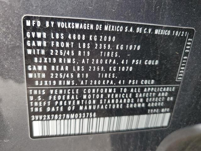 2022 Volkswagen Taos Sel VIN: 3VV2X7B27NM033756 Lot: 55170884