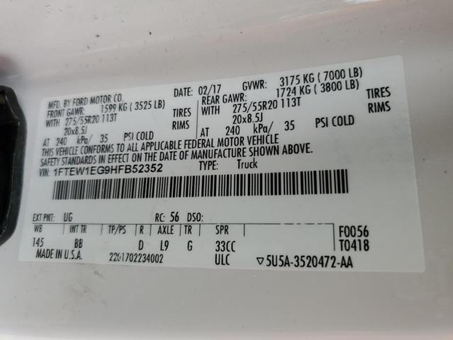 2017 Ford F150 Supercrew VIN: 1FTEW1EG9HFB52352 Lot: 57080584