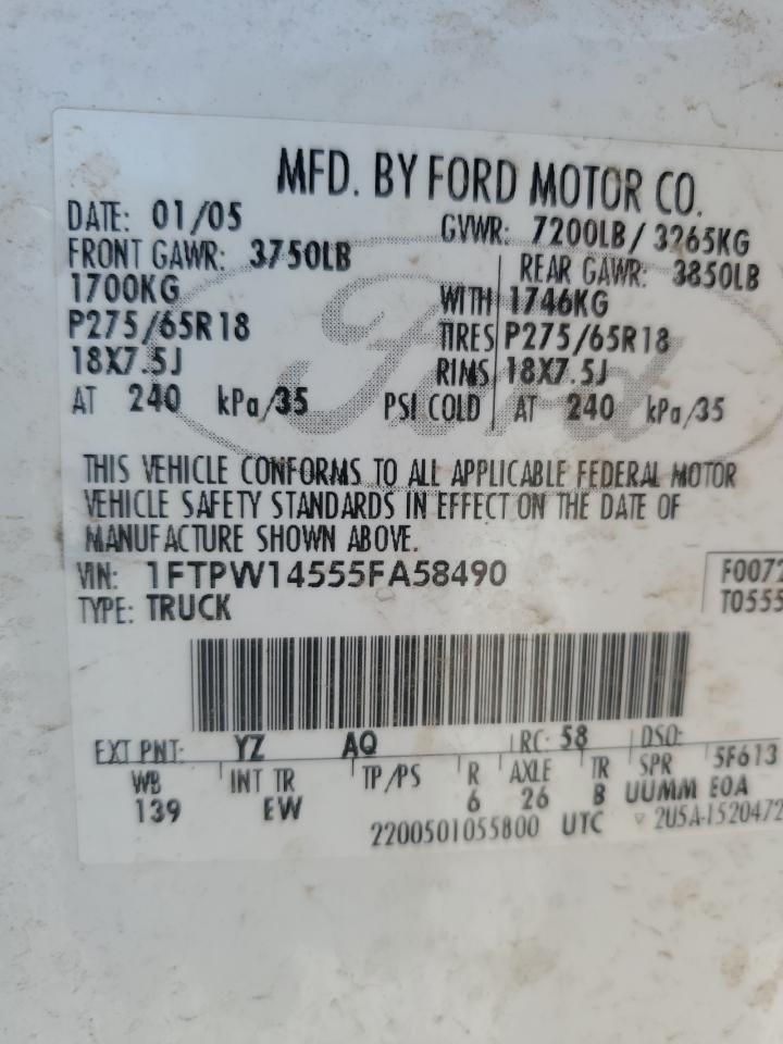 1FTPW14555FA58490 2005 Ford F150 Supercrew