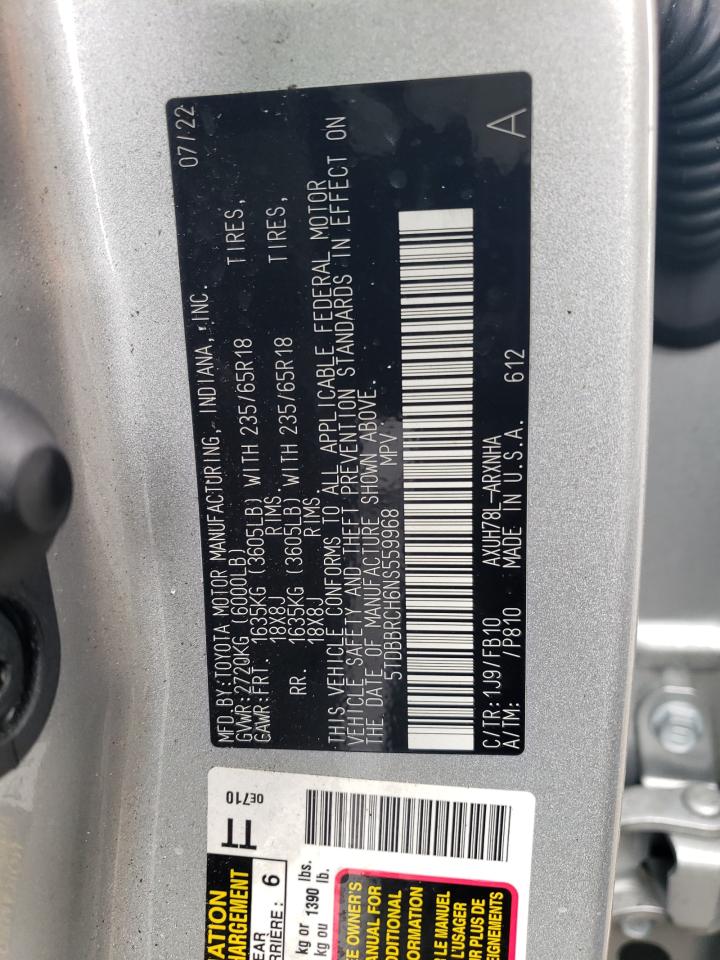 5TDBBRCH6NS559968 2022 Toyota Highlander Hybrid Le