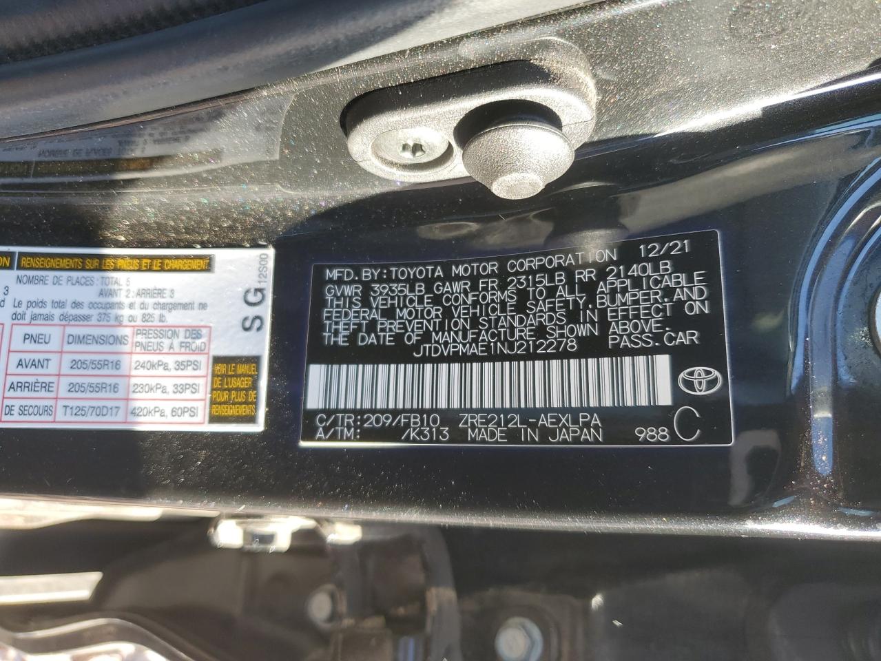 JTDVPMAE1NJ212278 2022 Toyota Corolla Le