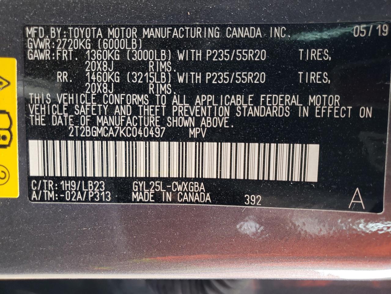 2T2BGMCA7KC040497 2019 Lexus Rx 450H Base