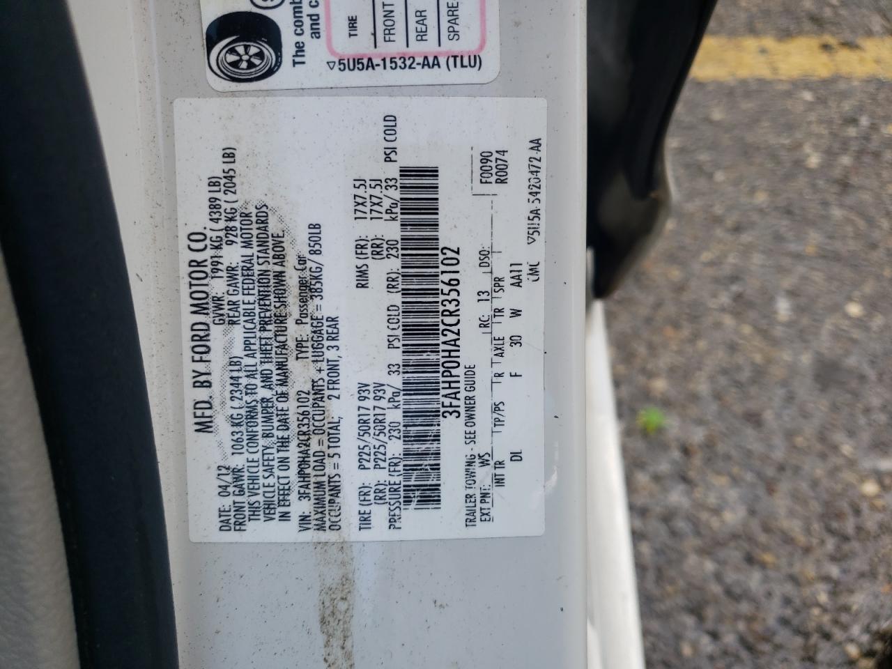 2012 Ford Fusion Se vin: 3FAHP0HA2CR356102