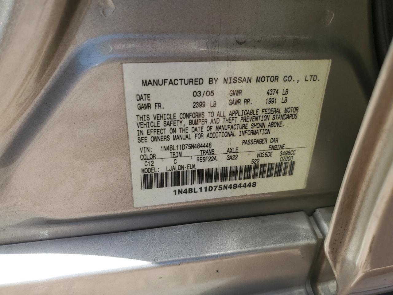 1N4BL11D75N484448 2005 Nissan Altima Se