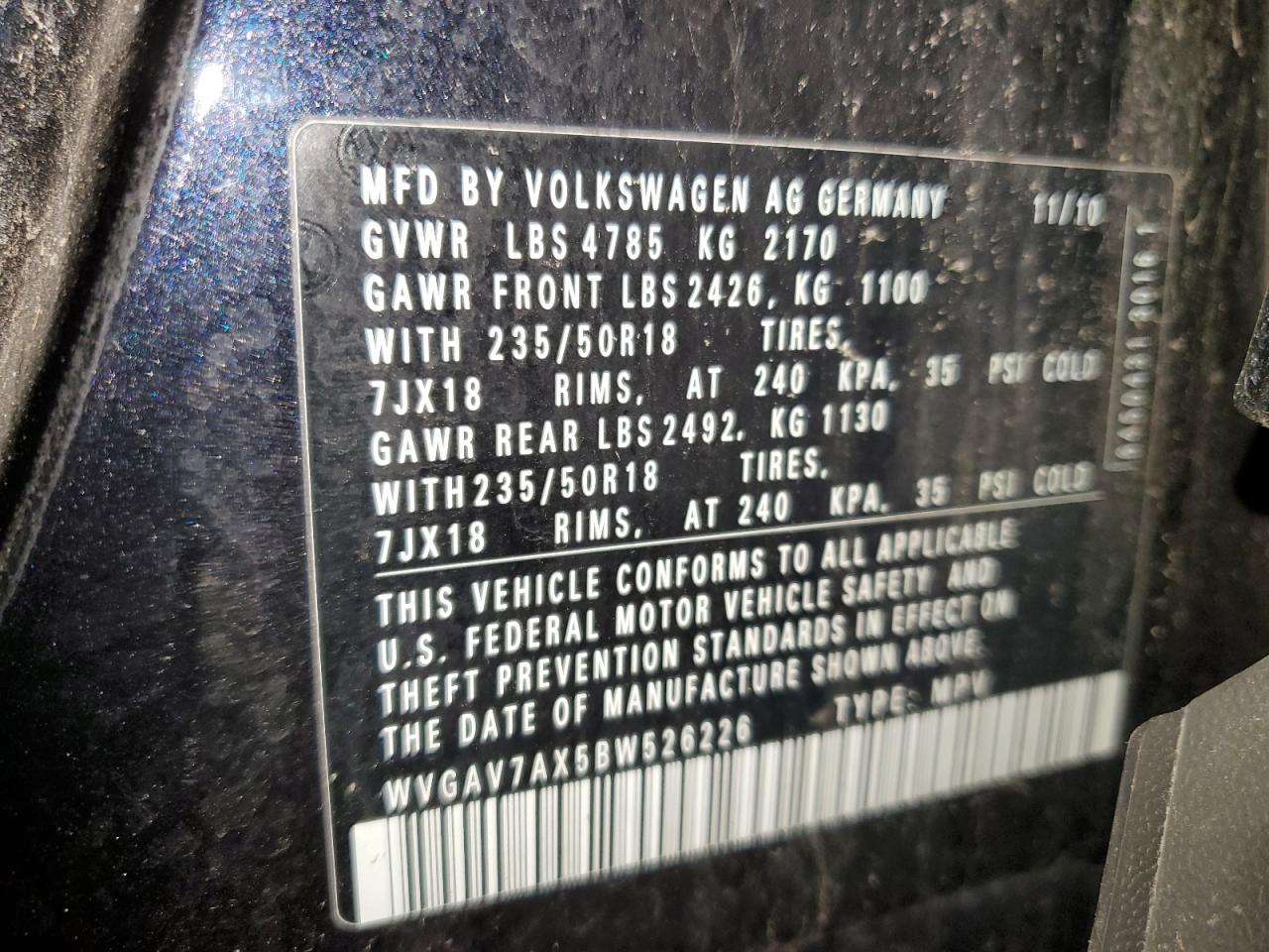 WVGAV7AX5BW526226 2011 Volkswagen Tiguan S