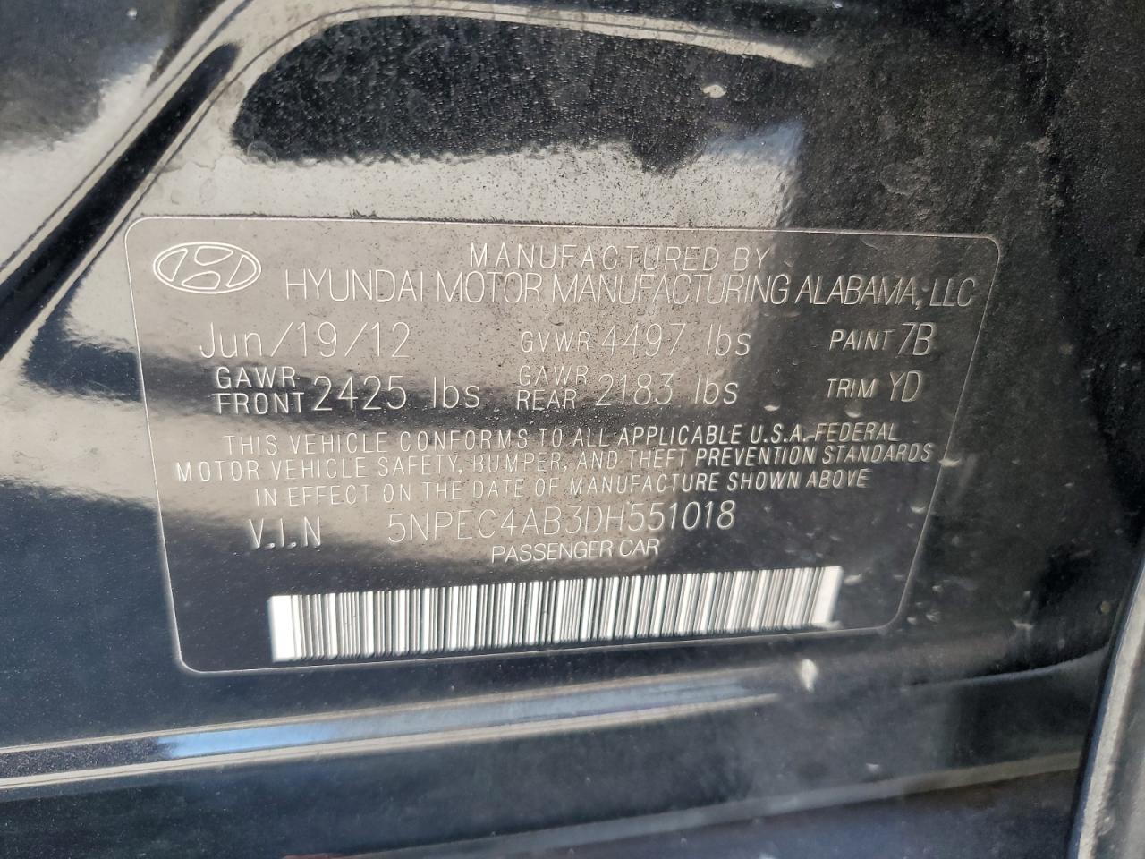 5NPEC4AB3DH551018 2013 Hyundai Sonata Se