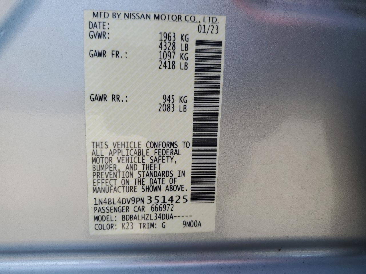 2023 Nissan Altima Sv vin: 1N4BL4DV9PN351425