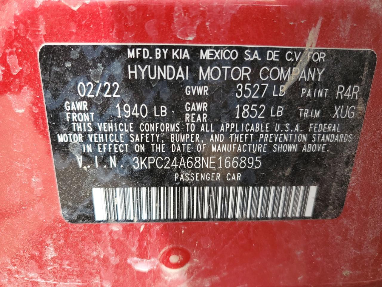 3KPC24A68NE166895 2022 Hyundai Accent Se