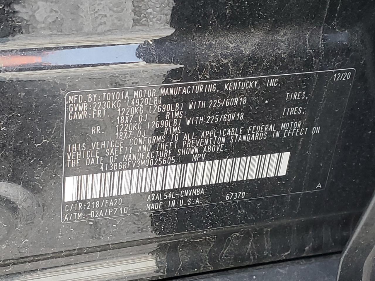 4T3B6RFV3MU025605 2021 Toyota Rav4 Xle Premium