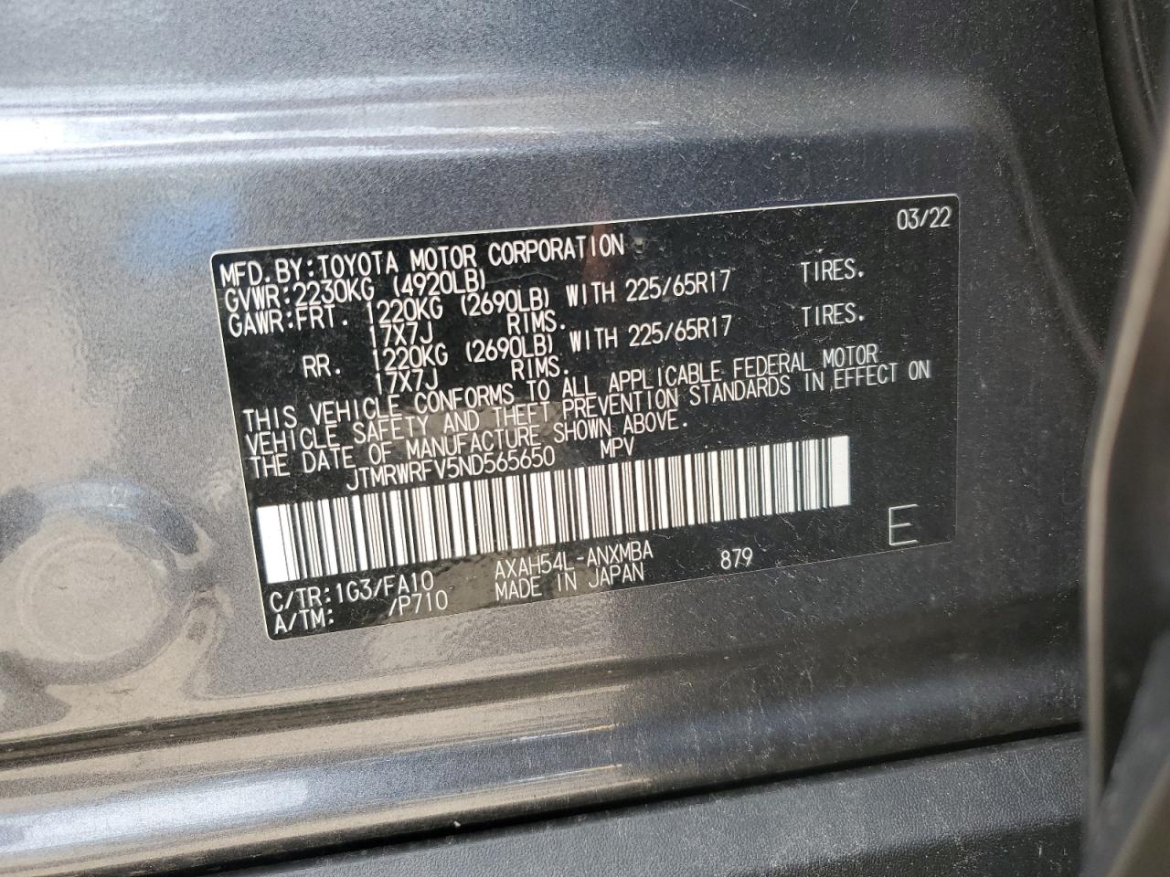 JTMRWRFV5ND565650 2022 Toyota Rav4 Xle