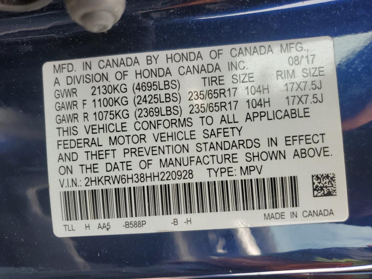 2HKRW6H38HH220928 2017 Honda Cr-V Lx