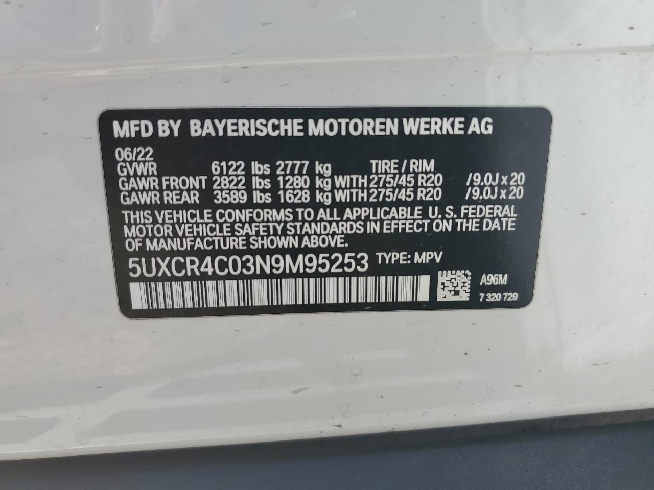 5UXCR4C03N9M95253 2022 BMW X5 Sdrive 40I
