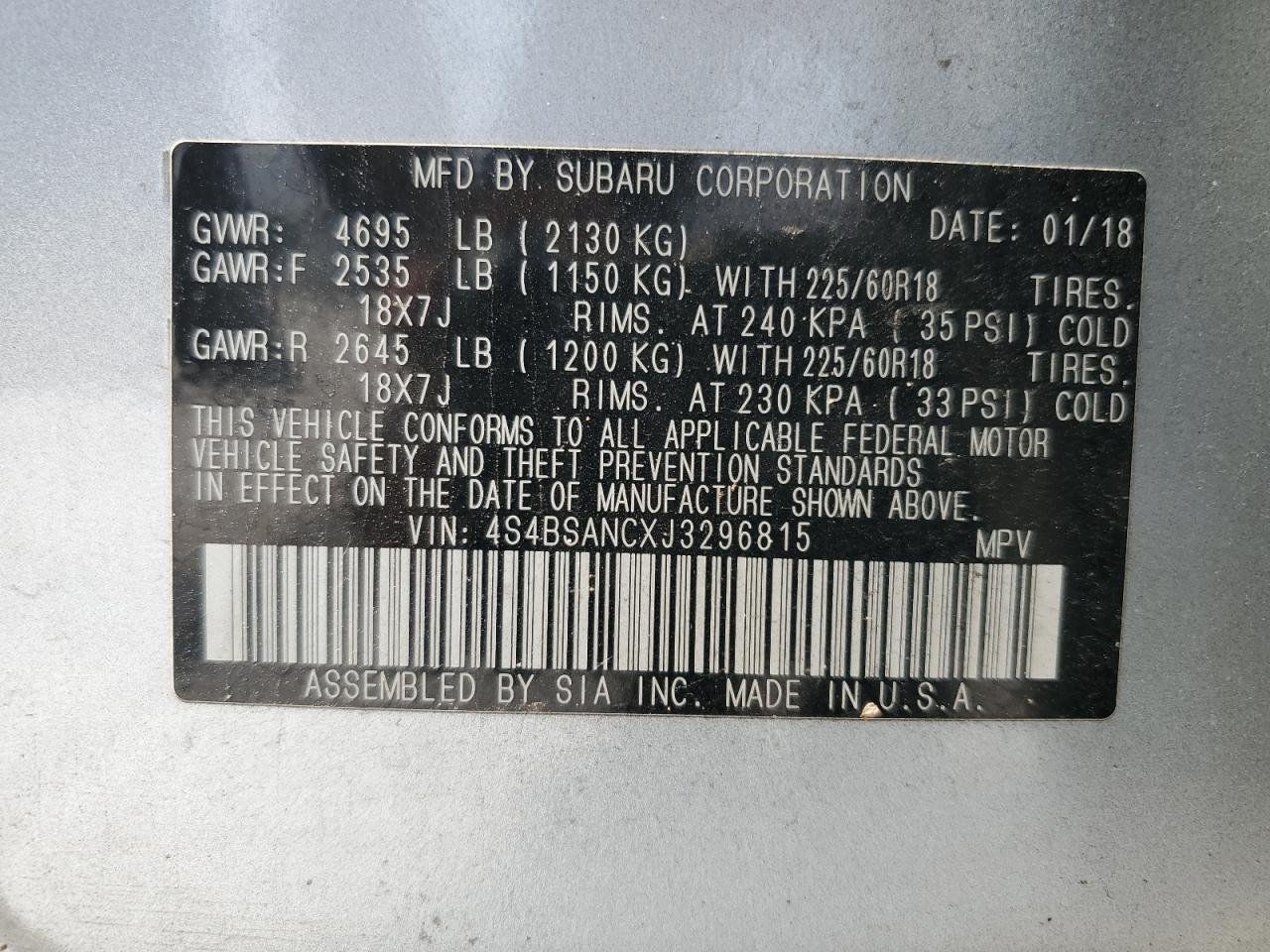 4S4BSANCXJ3296815 2018 Subaru Outback 2.5I Limited