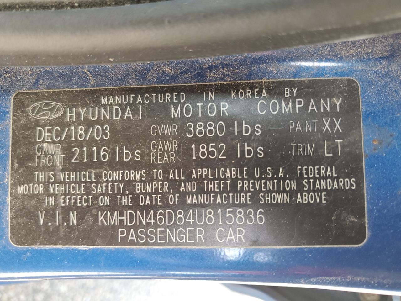 KMHDN46D84U815836 2004 Hyundai Elantra Gls