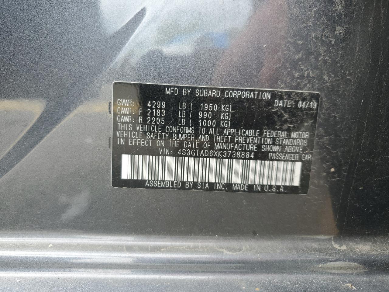 4S3GTAD6XK3738884 2019 Subaru Impreza Premium