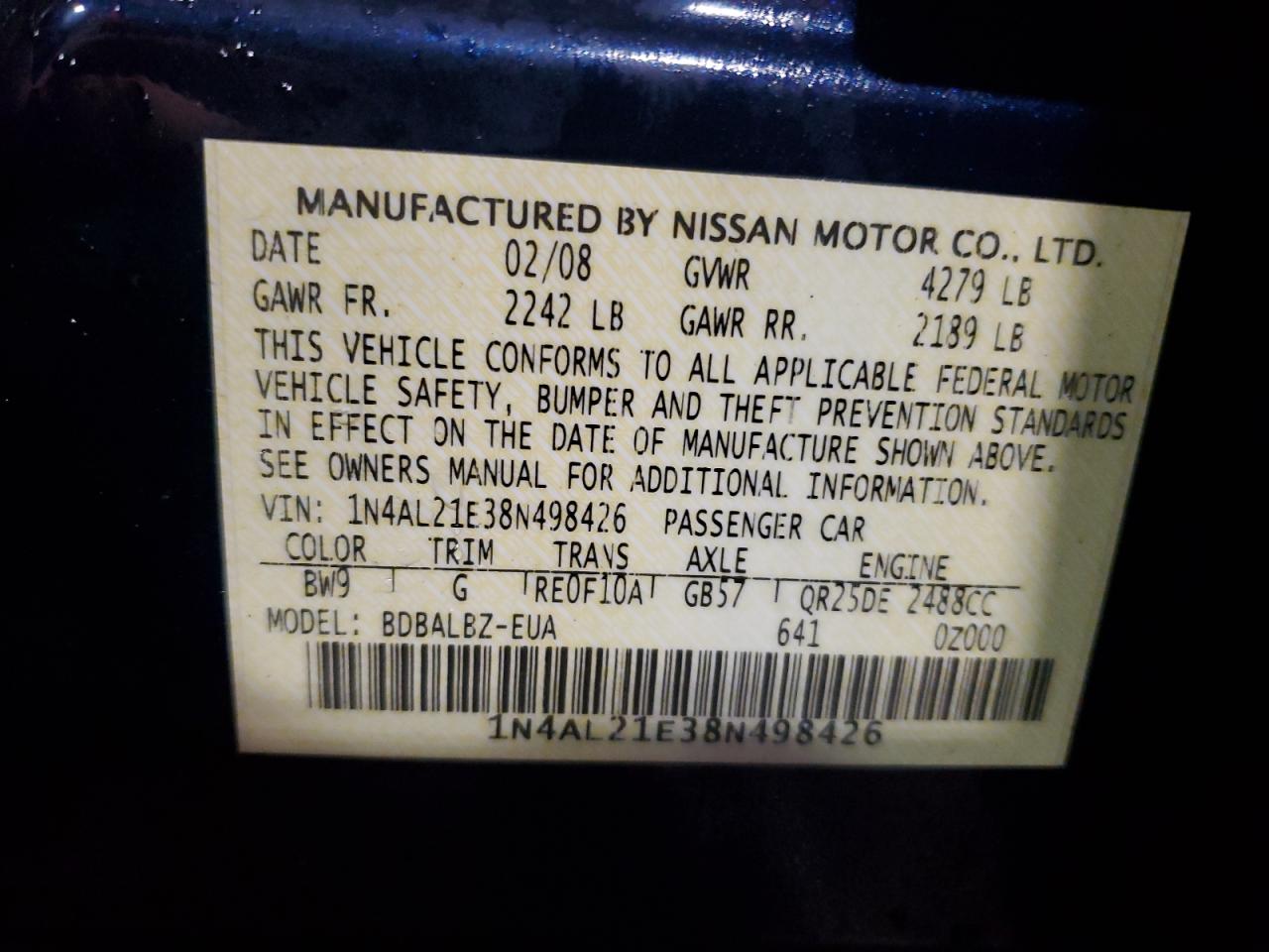 1N4AL21E38N498426 2008 Nissan Altima 2.5