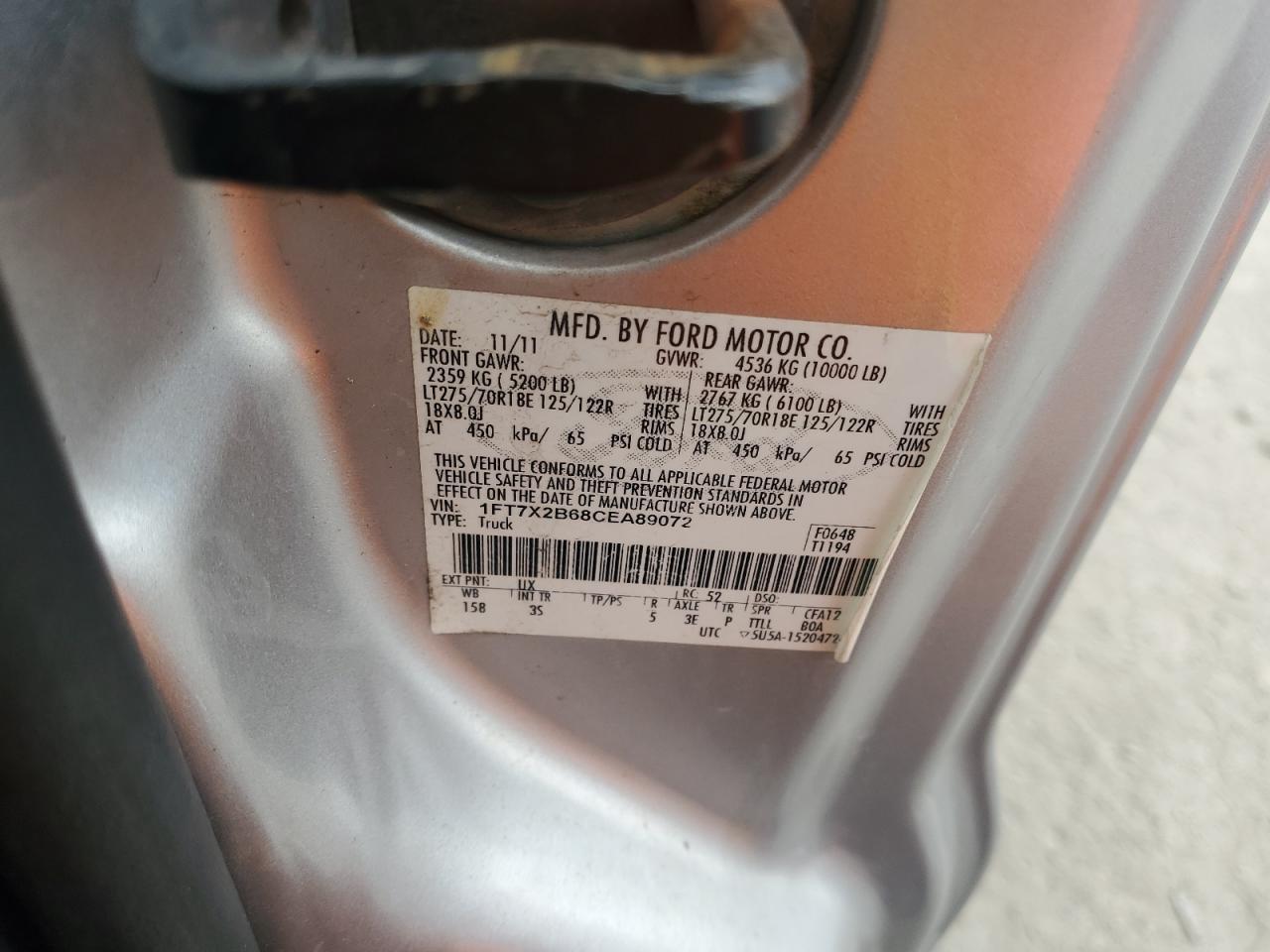 1FT7X2B68CEA89072 2012 Ford F250 Super Duty