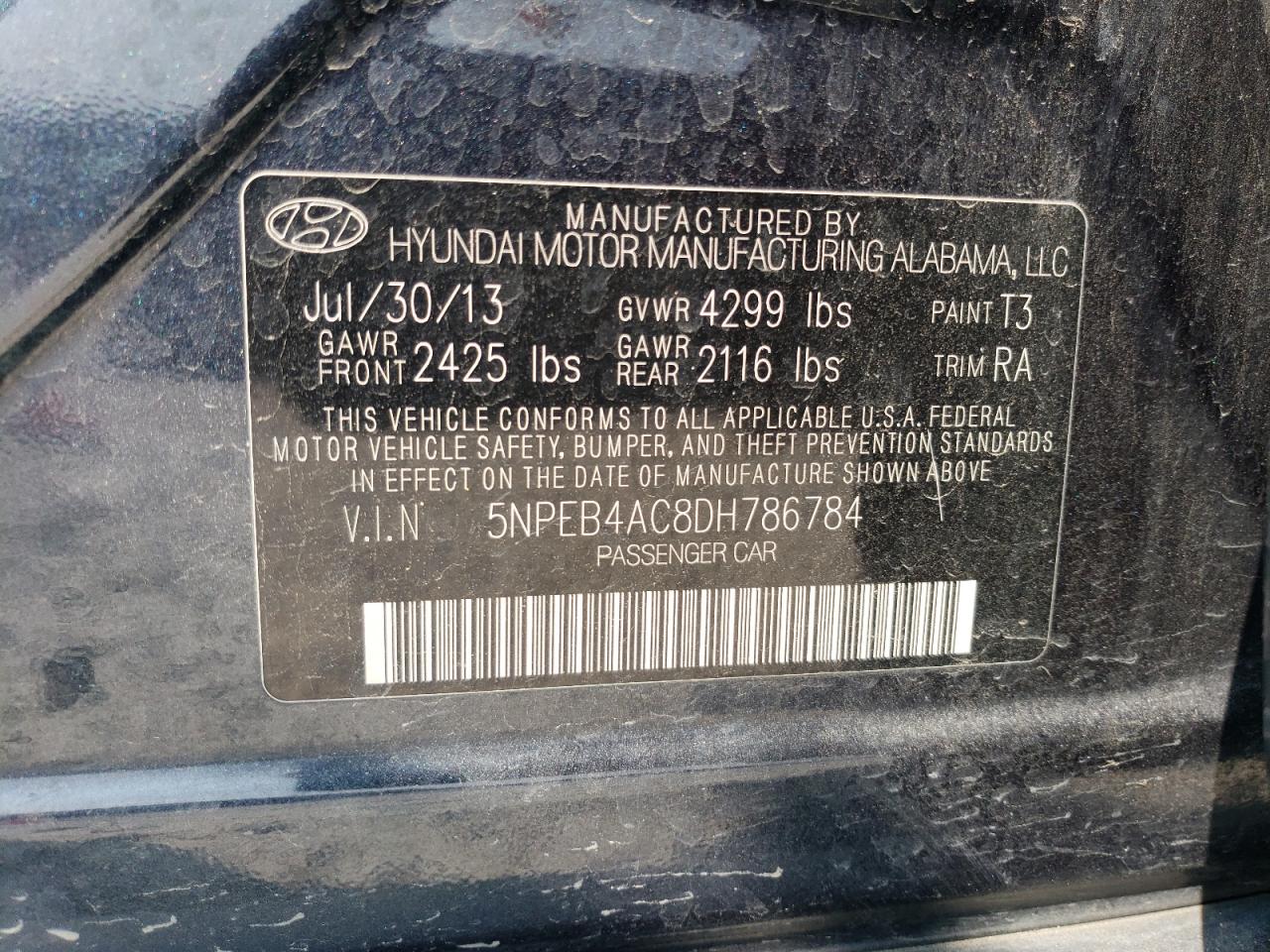 5NPEB4AC8DH786784 2013 Hyundai Sonata Gls