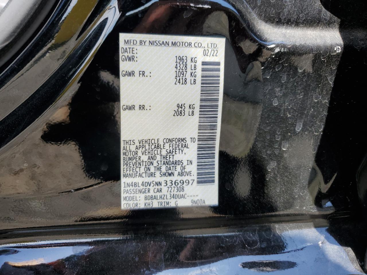 1N4BL4DV5NN336997 2022 Nissan Altima Sv