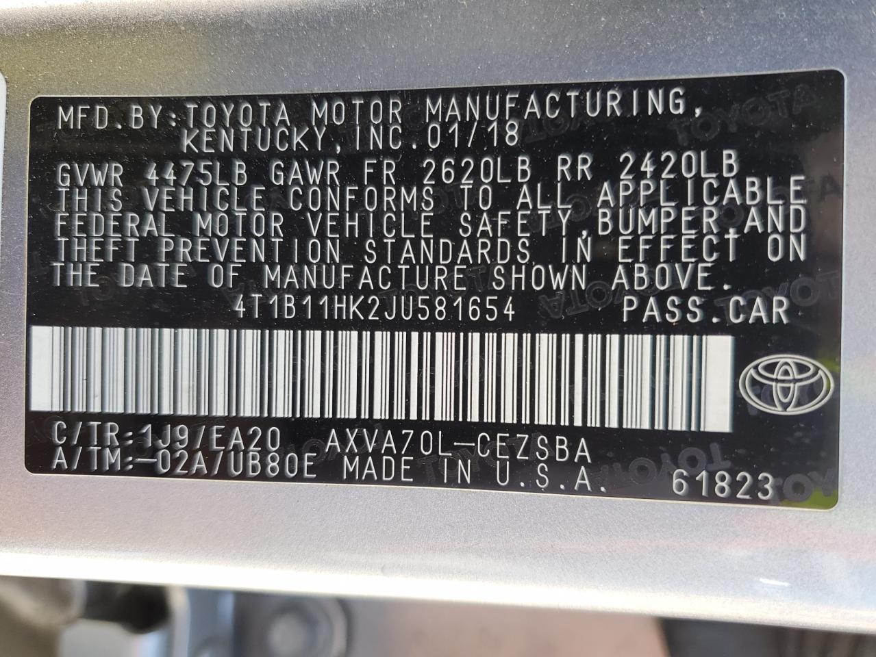 4T1B11HK2JU581654 2018 Toyota Camry L