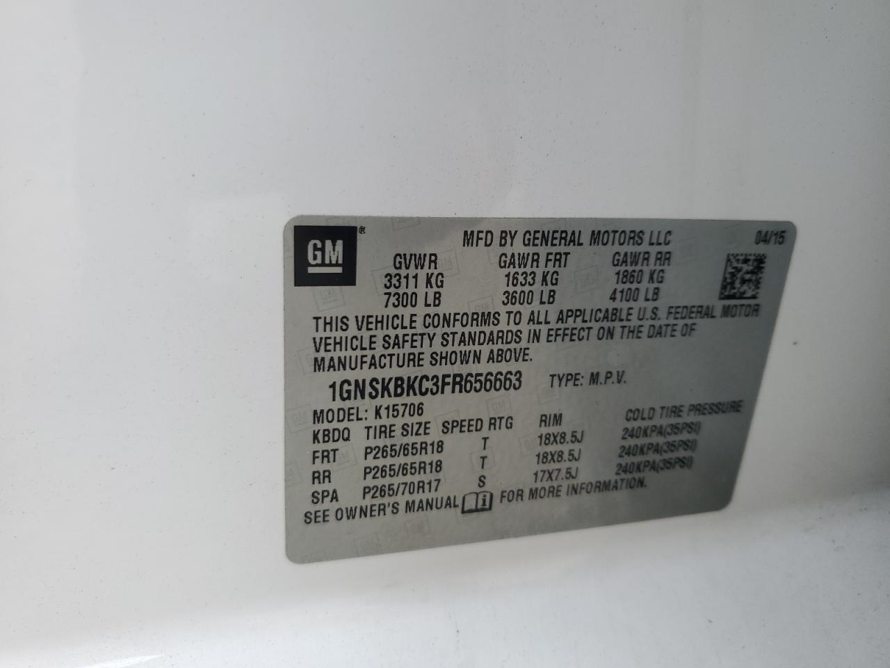 1GNSKBKC3FR656663 2015 Chevrolet Tahoe K1500 Lt