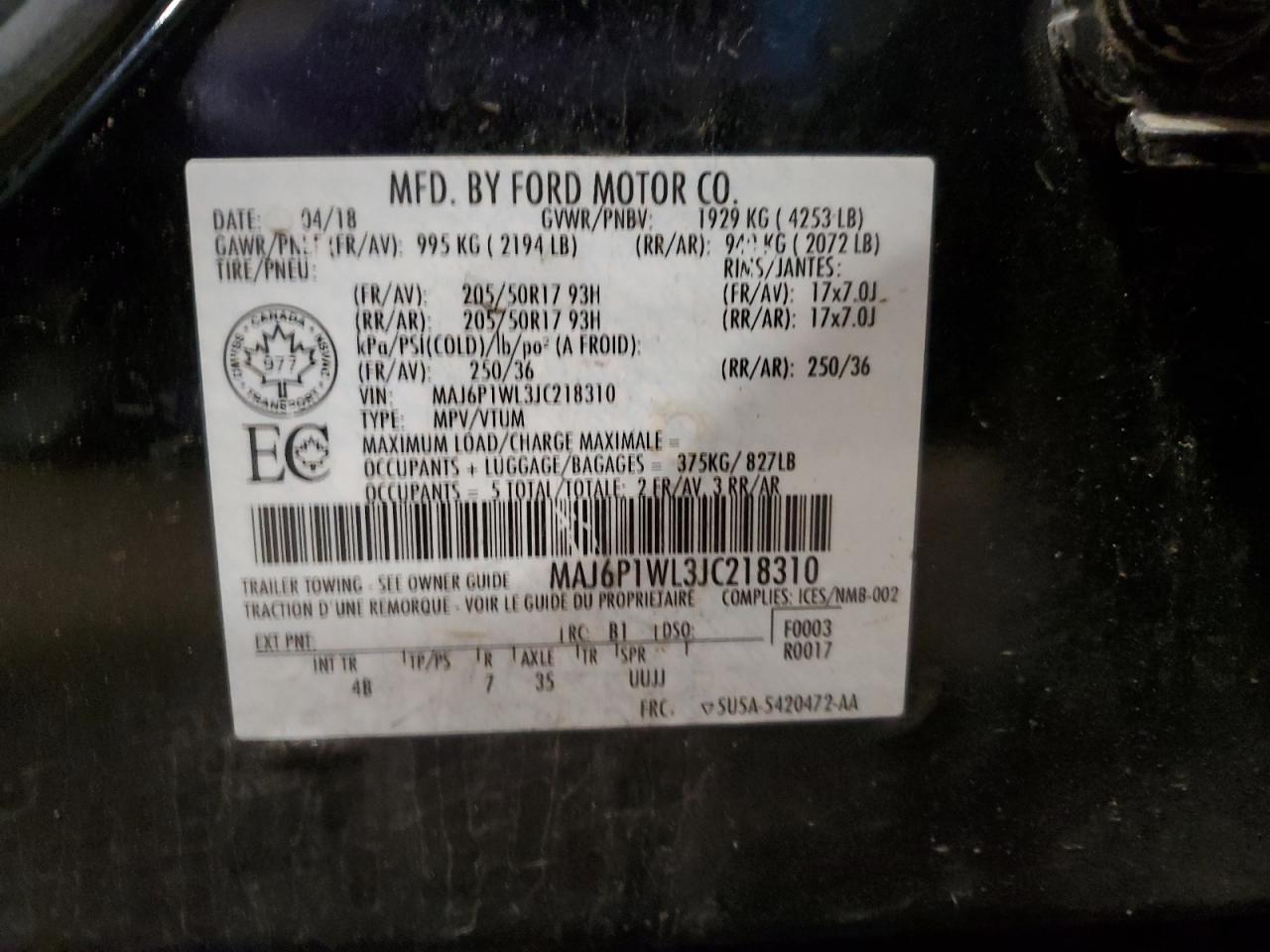 MAJ6P1WL3JC218310 2018 Ford Ecosport Titanium