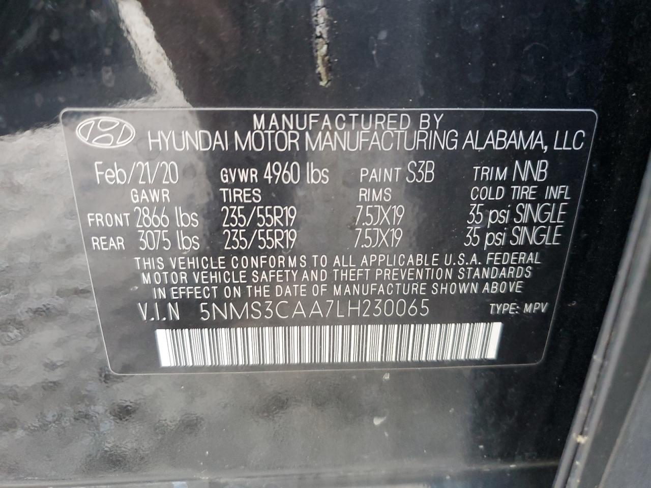 5NMS3CAA7LH230065 2020 Hyundai Santa Fe Sel
