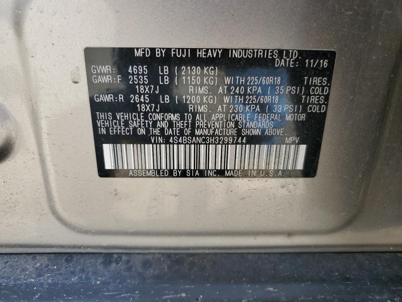 4S4BSANC3H3299744 2017 Subaru Outback 2.5I Limited