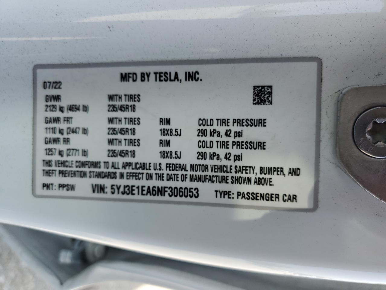 5YJ3E1EA6NF306053 2022 Tesla Model 3