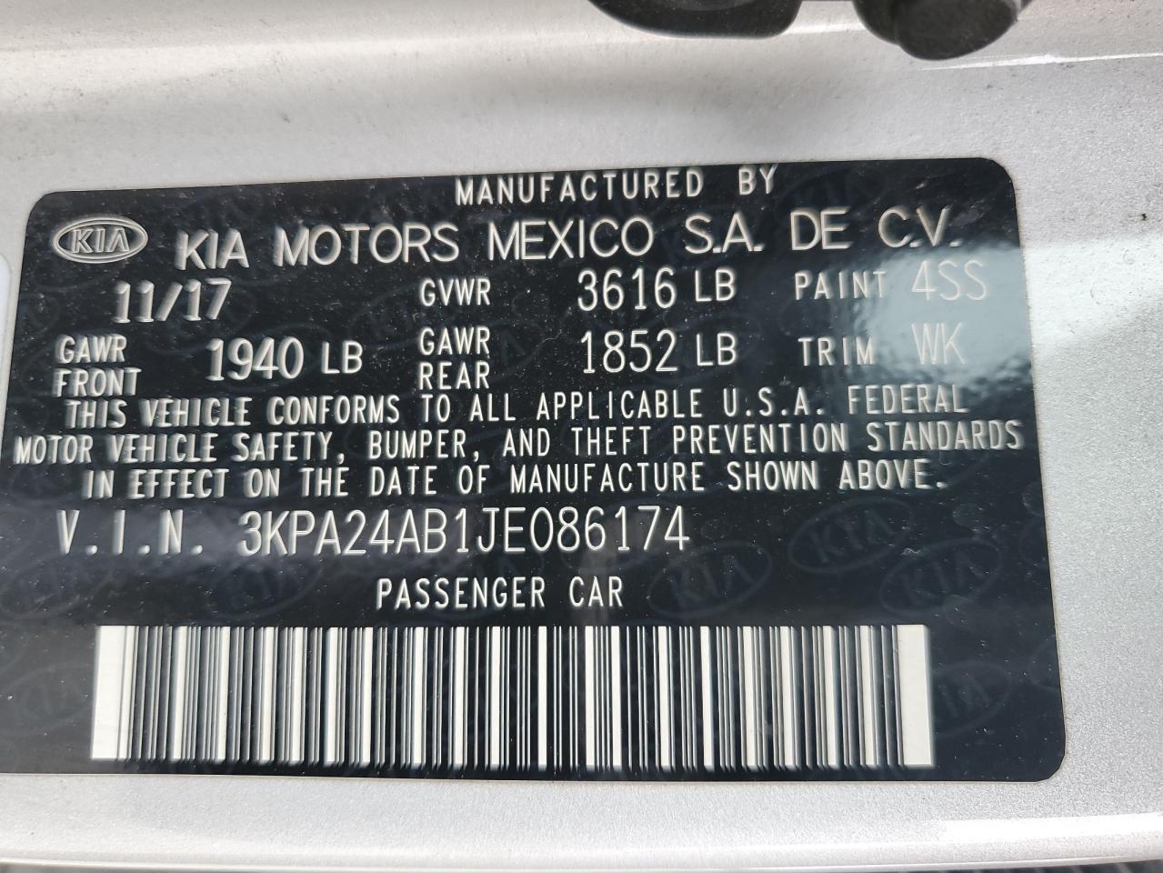 3KPA24AB1JE086174 2018 Kia Rio Lx