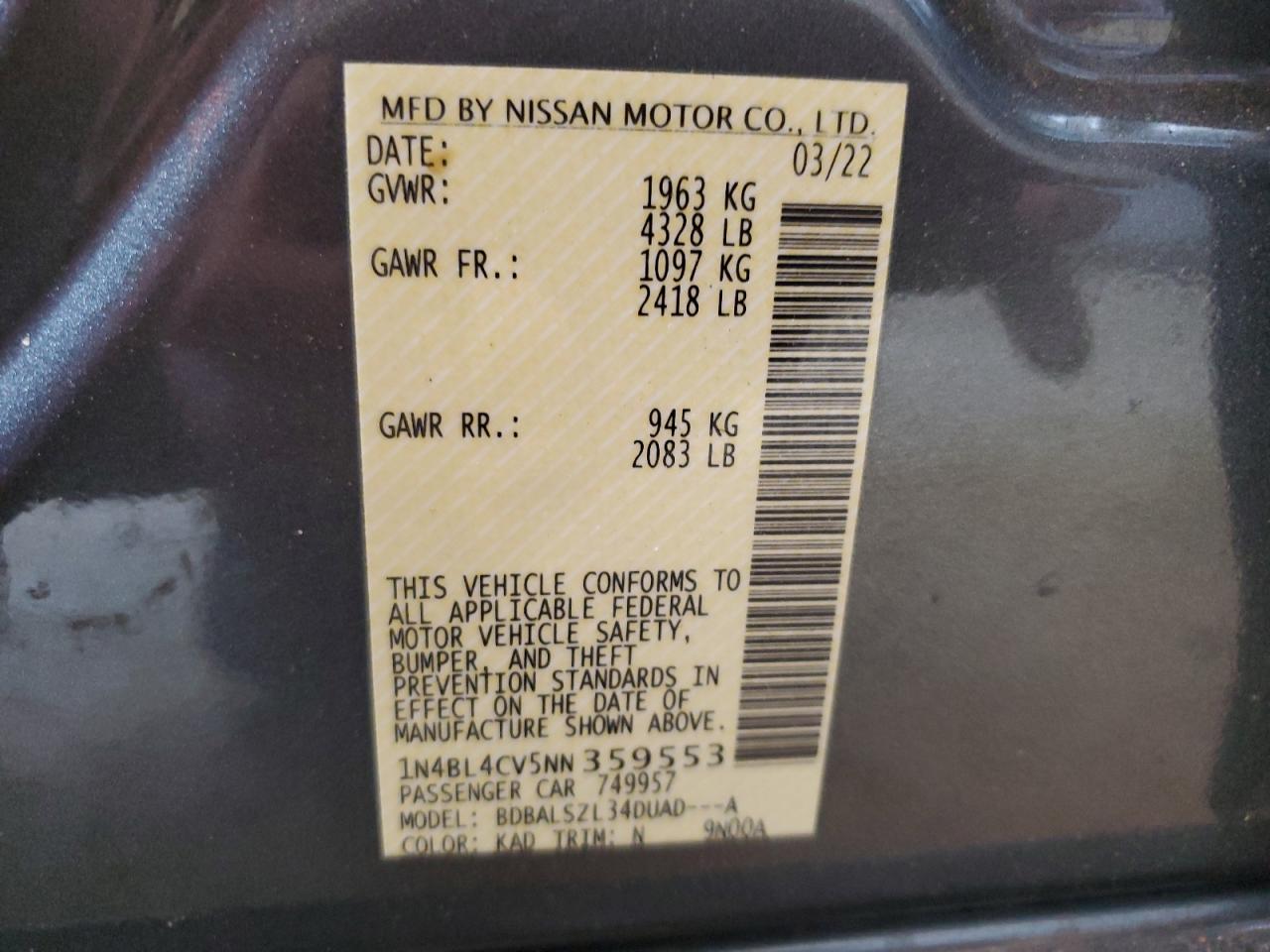 1N4BL4CV5NN359553 2022 Nissan Altima Sr