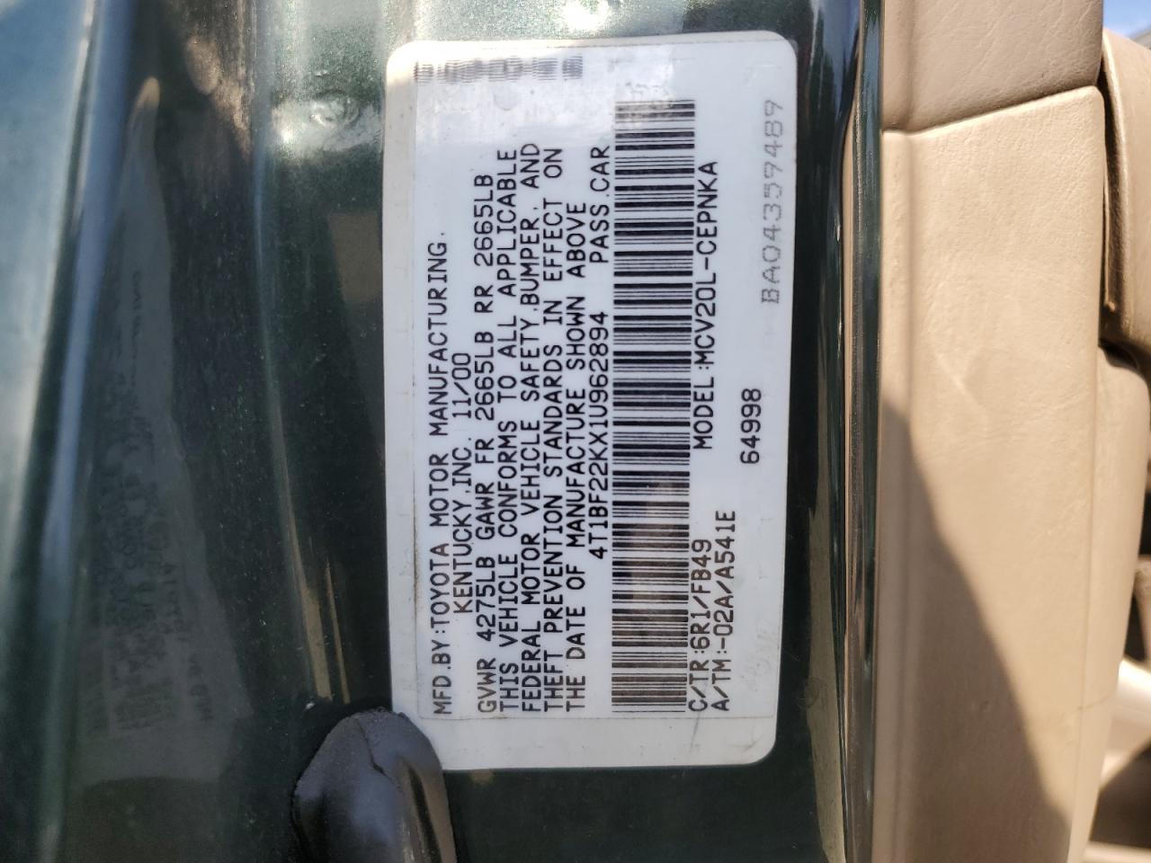 4T1BF22KX1U962894 2001 Toyota Camry Le