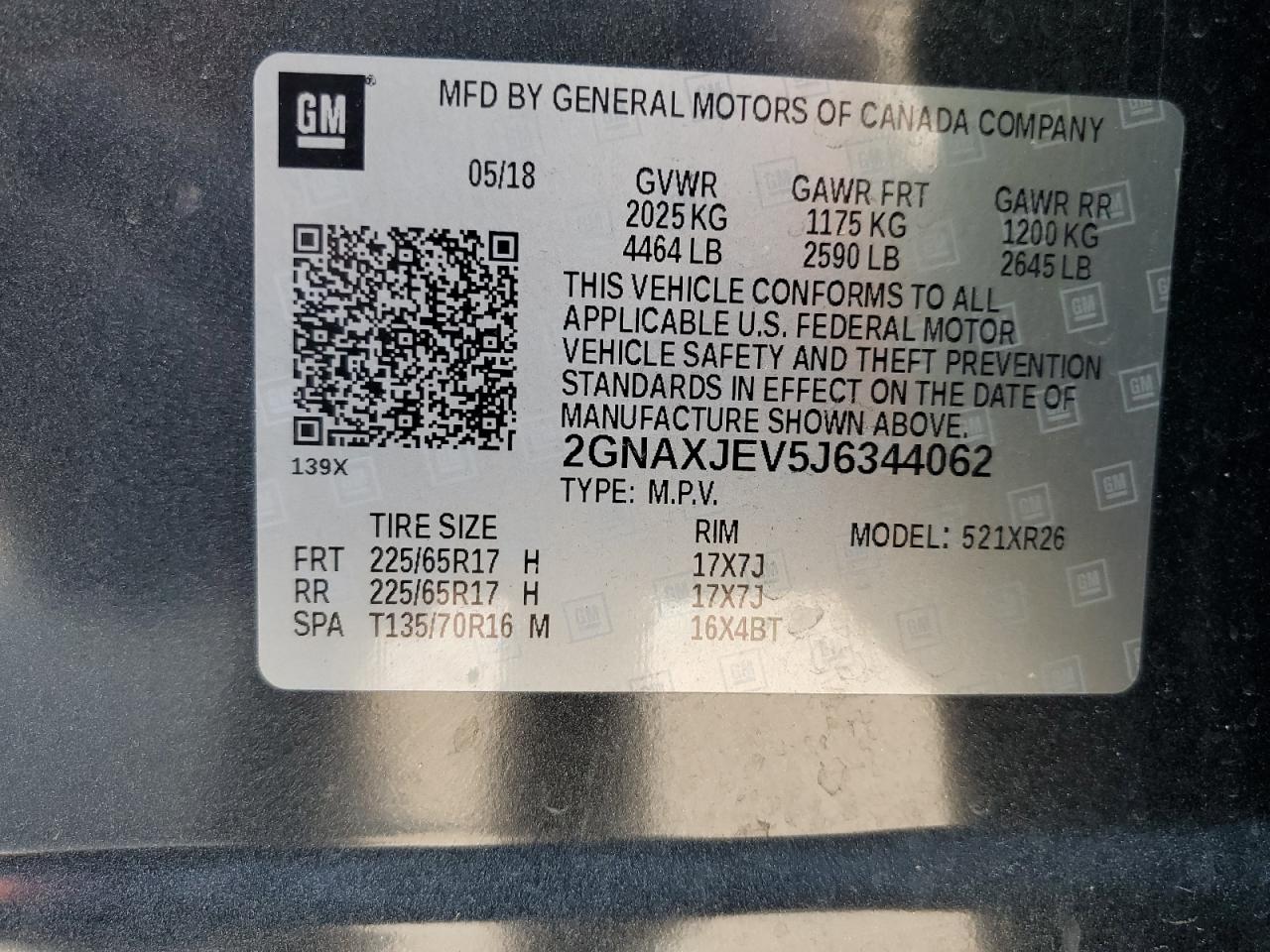 2GNAXJEV5J6344062 2018 Chevrolet Equinox Lt