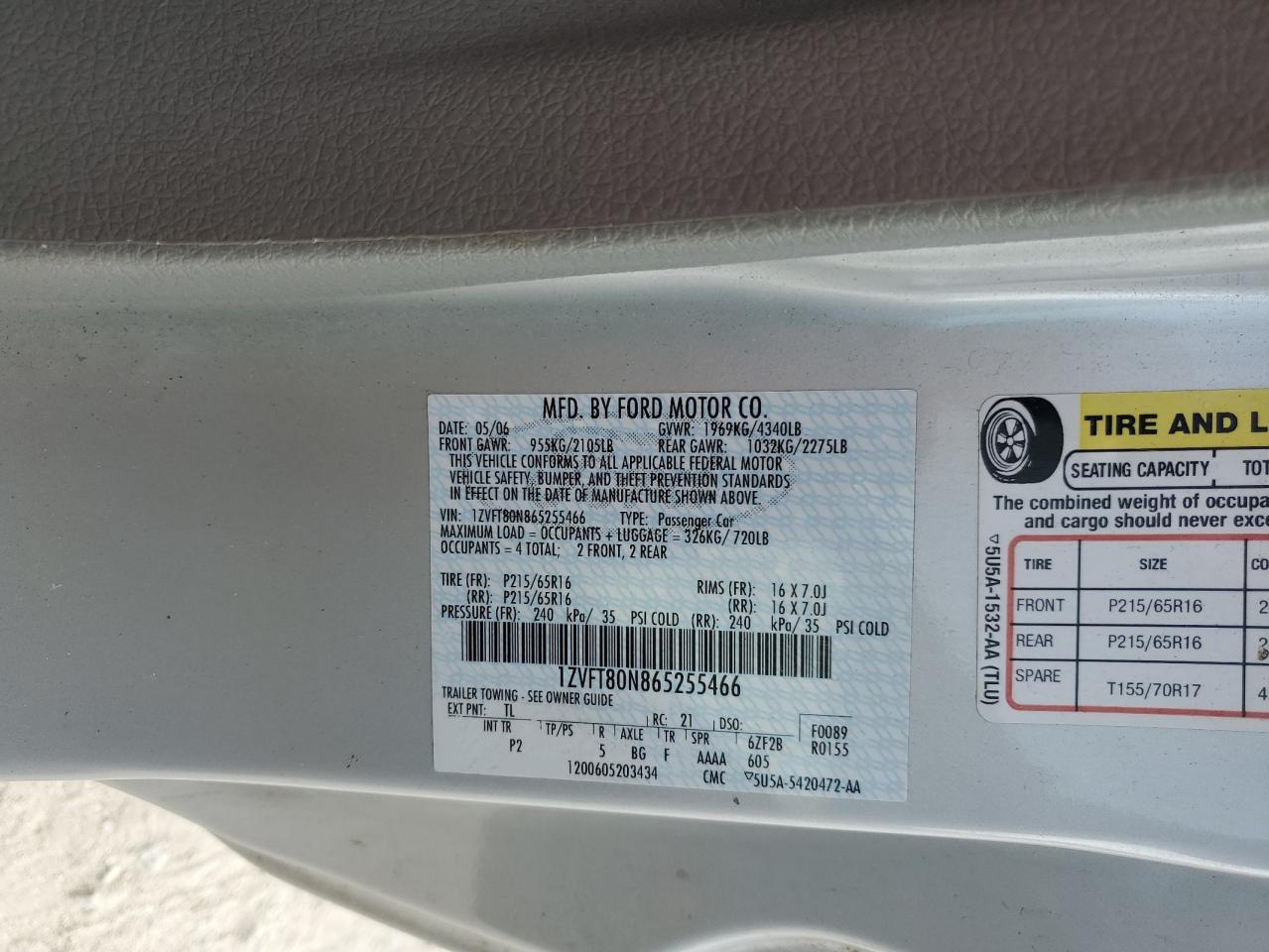 1ZVFT80N865255466 2006 Ford Mustang