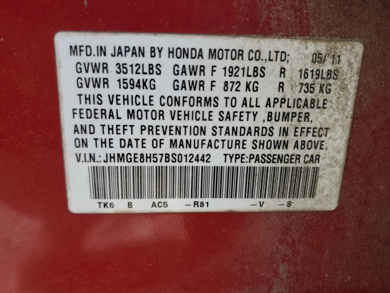 JHMGE8H57BS012442 2011 Honda Fit Sport