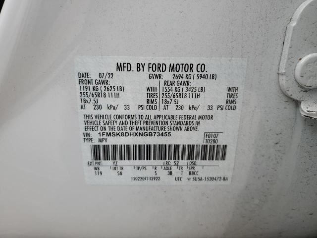 2022 Ford Explorer Xlt VIN: 1FMSK8DHXNGB73455 Lot: 55363514