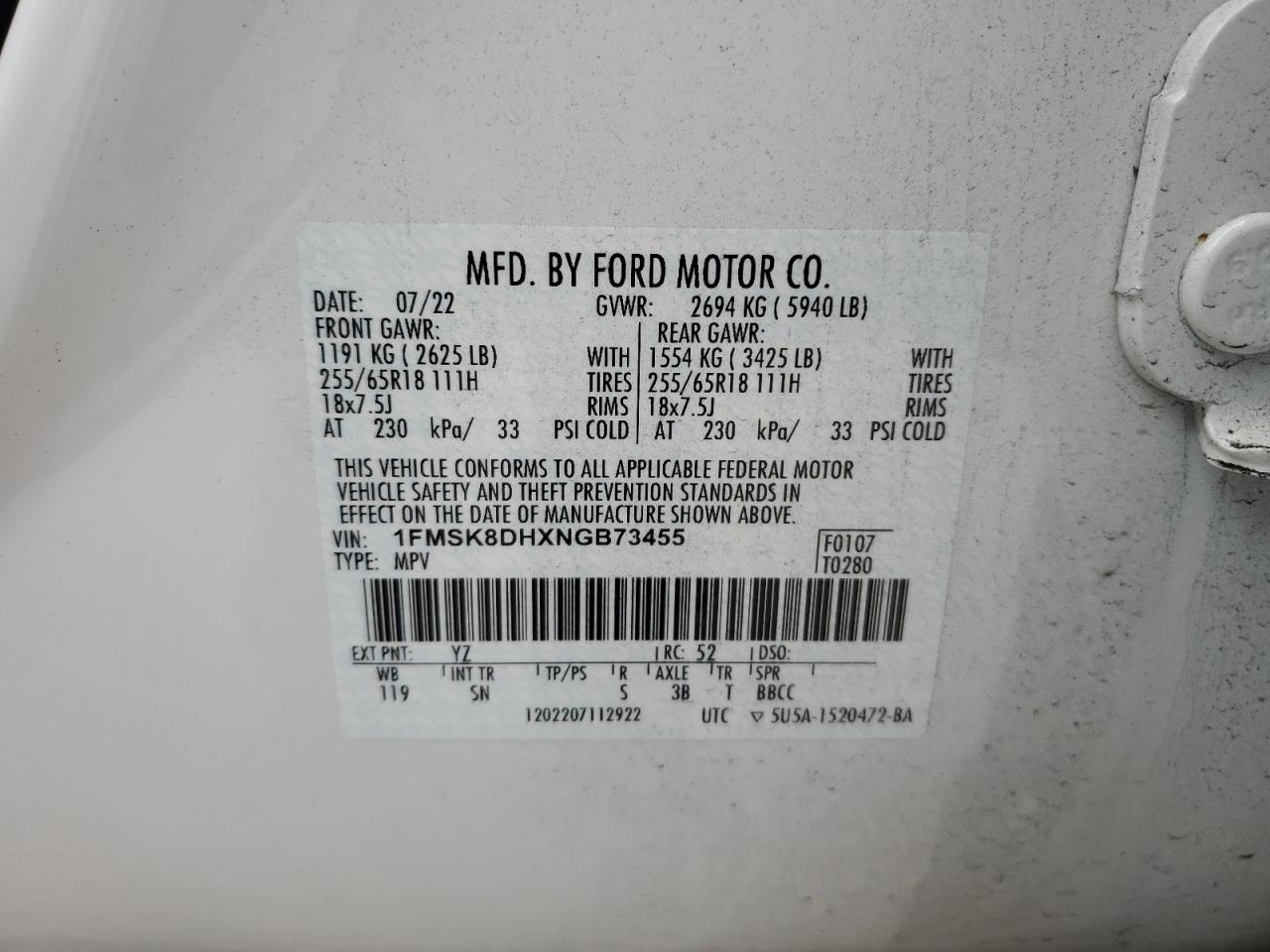 1FMSK8DHXNGB73455 2022 Ford Explorer Xlt