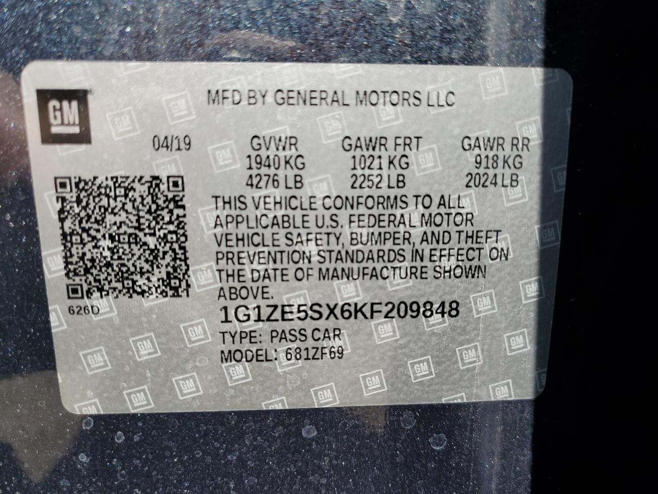 1G1ZE5SX6KF209848 2019 Chevrolet Malibu Premier