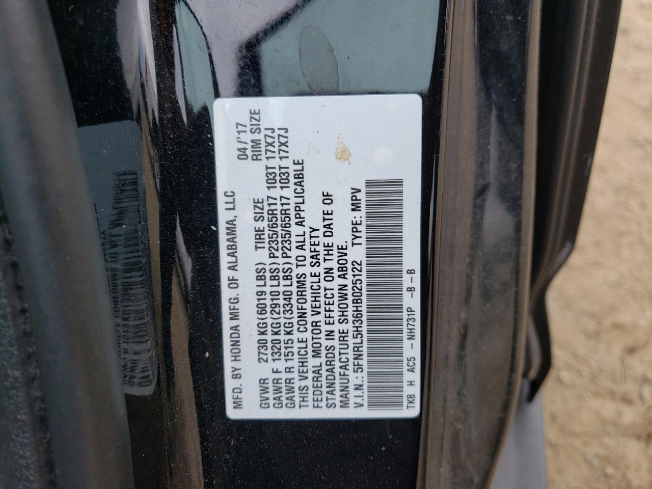 5FNRL5H36HB025122 2017 Honda Odyssey Se