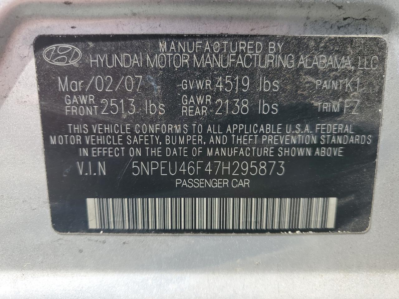 5NPEU46F47H295873 2007 Hyundai Sonata Se