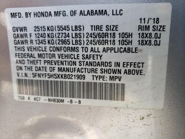 2019 Honda Pilot Exl VIN: 5FNYF5H5XKB021909 Lot: 56096884