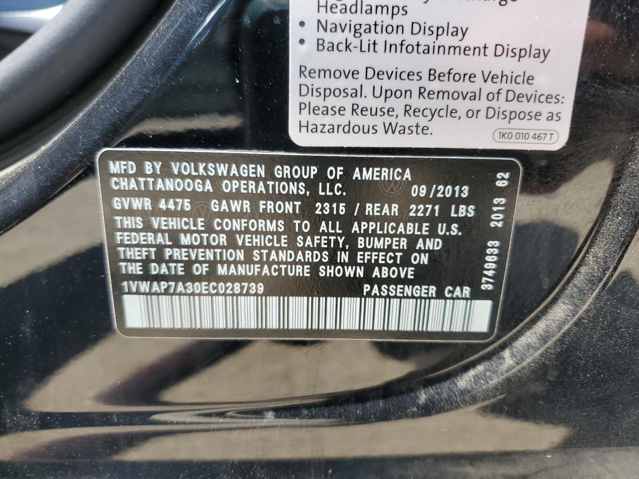 1VWAP7A30EC028739 2014 Volkswagen Passat S