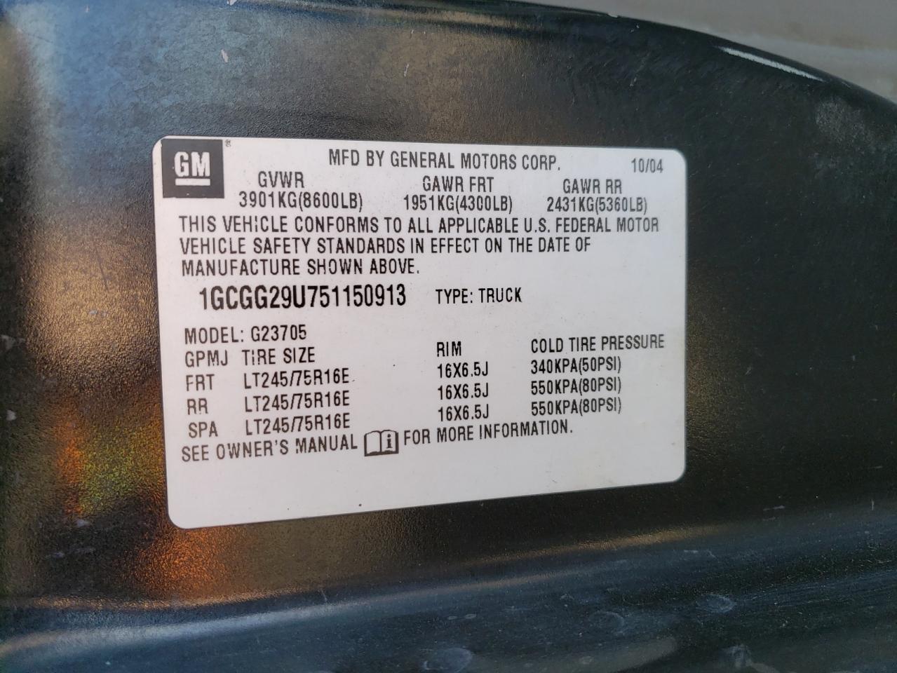 1GCGG29U751150913 2005 Chevrolet Express G2500