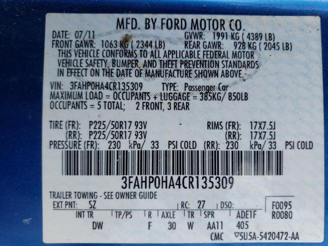 2012 Ford Fusion Se VIN: 3FAHP0HA4CR135309 Lot: 53911114