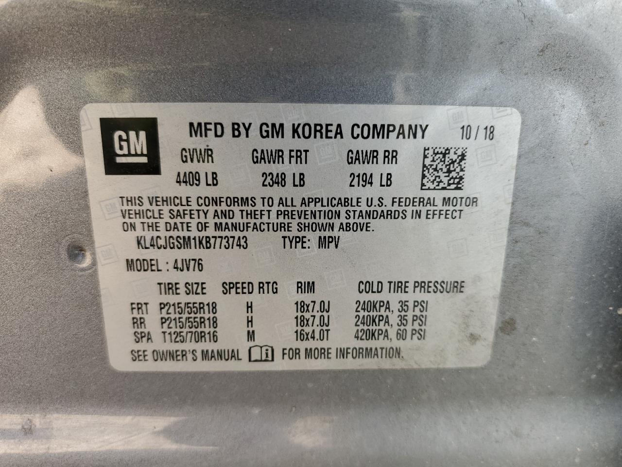 KL4CJGSM1KB773743 2019 Buick Encore Essence